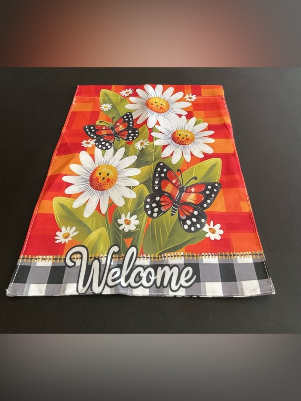 Welcome Daisy & Butterfly Decorative Garden Flag - Orange